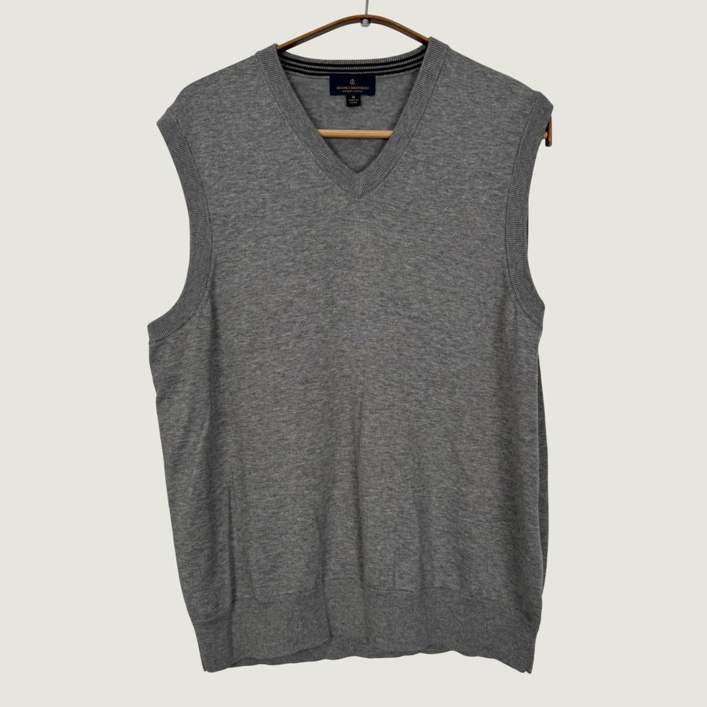 Brooks Brothers Mens Supima Cotton V-Neck Sweater Vest Heather Grey Medium